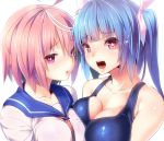  2girls asymmetrical_docking ayagi_daifuku bare_shoulders blue_hair blush breast_press breasts cleavage fang hair_ribbon i-19_(kantai_collection) i-58_(kantai_collection) kantai_collection long_hair looking_at_viewer multiple_girls neckerchief one-piece_swimsuit open_mouth pink_eyes pink_hair ribbon sailor_collar school_swimsuit school_uniform serafuku short_hair smile swimsuit swimsuit_under_clothes twintails upper_body 