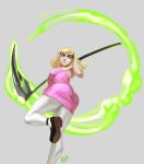  1girl bare_shoulders blonde_hair breasts commentary curvy diepod dress eyebrows eyeliner grey_background hairband highres large_breasts long_hair makeup mandy mary_janes no_bra older over_shoulder pantyhose pink_dress scythe shoes solo strapless strapless_dress the_grim_adventures_of_billy_&amp;_mandy thick_eyebrows weapon weapon_over_shoulder white_legwear 