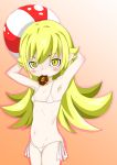  1048 1girl armpit arms_behind_head bakemonogatari bikini blonde_hair blush breasts child doughnut eyebrows eyebrows_visible_through_hair holding long_hair looking_at_viewer micro_bikini monogatari_(series) oshino_shinobu pointy_ears shiny shiny_hair shiny_skin side-tie_bikini small_breasts solo volleyball white_bikini yellow_eyes 