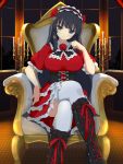  1girl black_hair blue_eyes blush breasts dress ikaruga_(senran_kagura) large_breasts long_hair looking_at_viewer maid_headdress senran_kagura senran_kagura_(series) senran_kagura_new_wave sitting smile solo 