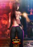  1girl absurdres alternate_costume alternate_hairstyle ass black_hair from_behind ggg_(gonzalogallianoniz) han_juri highres logo long_hair looking_at_viewer looking_back multicolored_hair pants smile solo street_fighter street_fighter_v thigh_gap tight tight_pants two-tone_hair violet_eyes 
