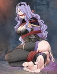  1girl barefoot bdsm black_legwear blush bound bound_ankles bound_arms breasts camilla_(fire_emblem_if) cleavage cleave_gag cloth_gag copyright_request feet fire_emblem fire_emblem_if gag gagged hair_ornament hair_over_one_eye highres improvised_gag long_hair looking_at_viewer lost_one_zero md5_mismatch medium_breasts pov_feet purple_hair rope sitting soles solo source_request toeless_legwear toenail_polish toenails toes torch veil violet_eyes 
