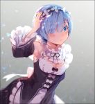  1girl :| apron armpits blue_eyes blue_hair blush breasts cleavage detached_collar detached_sleeves eyebrows eyebrows_visible_through_hair eyes_visible_through_hair hair_ornament hair_over_one_eye hair_ribbon hakusai_(tiahszld) hand_on_own_head looking_at_viewer maid maid_apron maid_headdress medium_breasts pink_ribbon re:zero_kara_hajimeru_isekai_seikatsu rem_(re:zero) ribbon short_hair solo x_hair_ornament 