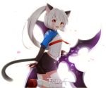  1girl animal_ears artist_request cat_ears cherry_blossoms elin_(tera) fingerless_gloves gloves huge_weapon long_hair midriff open_mouth petals ponytail red_eyes shirt shoes shorts shuriken silver_hair smile solo standing standing_on_one_leg tail tera_online very_long_hair weapon 