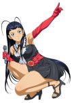  00s 1girl black_dress black_hair blue_eyes breasts cleavage dress elbow_gloves gloves holding_microphone ikkitousen kakouen_myousai large_breasts long_hair looking_at_viewer magatama microphone red_gloves simple_background solo strapless strapless_dress white_background 