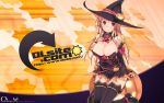  1girl bare_shoulders blonde_hair blush boots breasts brown_eyes cleavage collar dille_blood dlsite.com dress female halloween hat kneeling large_breasts long_hair looking_at_viewer pumpkin refeia smile solo witch witch_hat 