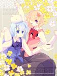  2girls angora_rabbit animal animal_on_head asahi_uta blue_eyes blue_hair brown_hair bunny_on_head gochuumon_wa_usagi_desu_ka? hair_ornament hairclip hat hoto_cocoa kafuu_chino long_hair multiple_girls rabbit rabbit_house_uniform short_hair tippy_(gochuumon_wa_usagi_desuka?) violet_eyes waitress x_hair_ornament 