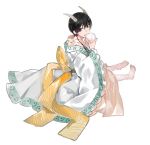  1boy barefoot black_eyes black_hair child chinese_clothes eyeshadow facial_mark full_body hakutaku_(hoozuki_no_reitetsu) hoozuki_no_reitetsu horns jewelry kunimitsu looking_at_viewer makeup male_focus simple_background single_earring solo tongue tongue_out traditional_clothes white_background younger 