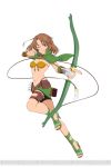  1girl arrow belt bow_(weapon) breasts brown_eyes brown_hair capelet cleavage feathers high_heels long_hair melissa_(tales) midriff miniskirt one_eye_closed quiver sandals simple_background skirt tales_of_(series) tales_of_link teeth weapon white_background 