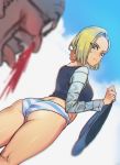  1boy 1girl android_18 ass bad_id blonde_hair blood blurry chromatic_aberration depth_of_field dragon_ball dragonball_z facial_hair flat_ass from_behind gkfkqkch1 glasses looking_back mustache muten_roushi no_pants nosebleed old_man panties pervert striped striped_panties underwear 