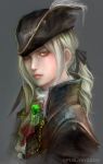  1girl artist_name ascot blonde_hair blood bloodborne gem green_eyes hat lady_maria_of_the_astral_clocktower libs lips long_hair looking_at_viewer solo tetsuok9999 the_old_hunters 