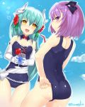  2girls adjusting_clothes adjusting_swimsuit aqua_hair ass blush cup drinking_glass drinking_straw elbow_gloves fate/grand_order fate_(series) gloves helena_blavatsky_(fate/grand_order) horns kiyohime_(fate/grand_order) kiyohime_(swimsuit_lancer)_(fate) long_hair looking_back multiple_girls one-piece_swimsuit open_mouth purple_hair school_swimsuit short_hair swimsuit torimaru violet_eyes yellow_eyes 