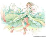  1girl 2016 bati15 blush bow brown_hair cage dress full_body green_dress green_eyes hair_ornament kai-ri-sei_million_arthur million_arthur_(series) official_art shoes solo watermark 