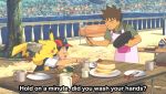  animated animated_gif frying_pan lowres pikachu pokemon pokemon_(anime) satoshi_(pokemon) subtitled takeshi_(pokemon) 