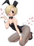 :d animal_ears ass bare_shoulders blonde_hair bow bowtie breasts bunnysuit chikuishi detached_collar grey_legwear hair_over_one_eye heart high_heels idolmaster idolmaster_cinderella_girls kneeling looking_at_viewer open_mouth pantyhose rabbit_ears red_eyes shirasaka_koume short_hair simple_background small_breasts smile white_background wrist_cuffs 