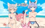  1boy 2girls animal_ears beach bikini blade_(galaxist) blue_eyes blush breasts casual_one-piece_swimsuit cat_ears cat_tail cleavage copyright_name demon_girl emelia_pris fang head_wings highres ledo_vassar long_hair looking_at_viewer low_wings male_focus male_swimwear multiple_girls official_art one-piece_swimsuit open_mouth pink_eyes pink_hair pointy_ears pop-up_story rita_drake sand short_hair silver_hair sky smile starfish succubus sun swim_briefs swimsuit swimwear tail twintails wallpaper water waving wings wolf_ears wolf_tail yellow_eyes 