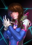  1girl bangs bodysuit bracer breasts brown_eyes brown_hair bunny_print closed_mouth d.va_(overwatch) eyelashes facepaint facial_mark gloves hands_up headphones highres jan.v large_breasts lipstick long_hair looking_at_viewer makeup nose overwatch pauldrons pilot_suit pink_lips pink_lipstick ribbed_bodysuit shoulder_pads skin_tight solo turtleneck upper_body whisker_markings white_gloves 