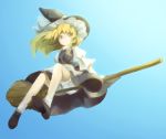  1girl blonde_hair bloomers bow braid broom broom_riding funnyfunny hair_bow hat hat_bow kirisame_marisa long_hair side_braid sidesaddle solo touhou underwear witch_hat yellow_eyes 