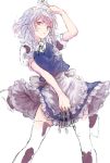  1girl aimai-me apron braid cowboy_shot frills izayoi_sakuya knife knives_between_fingers looking_at_viewer maid_apron maid_headdress open_mouth red_eyes short_hair silver_hair sketch solo thigh-highs touhou twin_braids vest white_background 