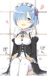  1girl blue_eyes blue_hair breasts cleavage commentary_request detached_sleeves engiyoshi hair_ornament hair_over_one_eye hairpin looking_at_viewer maid maid_headdress petals re:zero_kara_hajimeru_isekai_seikatsu rem_(re:zero) short_hair sitting solo thigh-highs translation_request white_legwear 