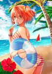  1girl bikini clouds fate/grand_order fate_(series) female female_protagonist_(fate/grand_order) flower food fujimaru_ritsuka_(female) gudako hibiscus ice_cream leaves nail_polish niiru_hiyaku_de_jutaichuu orange_hair palm_tree popsicle red_flower sky solo sweets swim_ring tree water 