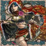  1girl bare_shoulders black_hair breasts bridal_gauntlets cape cleavage dan_(drinkm) earrings eyeshadow floral_print flower fur jewelry large_breasts lipstick makeup simple_background solo sword tekken violet_eyes weapon zafina_(tekken) 