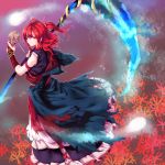  1girl armband dress flower glowing hair_bobbles hair_ornament highres holding looking_at_viewer looking_back mappe_(778exceed) onozuka_komachi red_eyes red_flower redhead scythe shinigami skull smile solo spider_lily torn_clothes torn_dress touhou 