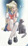  1girl artist_request bishoujo_senshi_sailor_moon black_cat black_shoes blonde_hair blue_eyes blue_skirt bow butterfly cat chin_rest double_bun loafers long_hair open_mouth pleated_skirt sailor_collar school_uniform serafuku sitting solo thigh-highs tsukino_usagi twintails white_legwear 