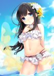  1girl ahoge ao_no_neko arms_behind_back bare_shoulders bikini blue_eyes commentary_request flower frilled_bikini frills hair_flower hair_ornament long_hair looking_at_viewer original partially_submerged sky swimsuit water 
