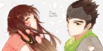  1boy 1girl bandanna bangs black_hair brown_eyes brown_hair d.va_(overwatch) dated facepaint facial_mark forehead_protector from_side furrowed_eyebrows genji_(overwatch) green_eyes grey_shirt headphones headphones_around_neck long_hair looking_at_viewer overwatch petals pink_shirt shirt short_sleeves signature spiky_hair upper_body whisker_markings 