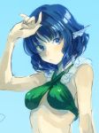  1girl aimai-me bare_shoulders blue_background blue_eyes blue_hair breasts covering_face expressionless head_fins midriff short_hair sketch solo swimsuit touhou upper_body wakasagihime 
