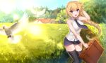  1girl :d bare_shoulders bird black_legwear blonde_hair blue_eyes blush braid breasts fate/apocrypha fate/grand_order fate_(series) forest grass long_hair looking_at_viewer miniskirt nature open_mouth ruler_(fate/apocrypha) shirako_miso skirt sleeveless smile solo suitcase teeth thigh-highs 