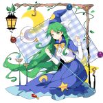  1girl bangs blue_skirt bow breasts candlelight capelet commentary crescent_moon expressionless gem green_hair hat hat_bow highres holding_staff ideolo_(style) lantern long_hair long_sleeves medium_breasts mima moon parody plant shirt skirt solo staff star star_print style_parody sun_print touhou touhou_(pc-98) very_long_hair vines white_background white_shirt witch_hat yorktown_cv-5 