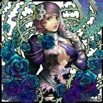  1girl alisa_boskonovich android asymmetrical_clothes asymmetrical_hair bare_shoulders blood blue_eyes blue_rose butterfly cleavage dan_(drinkm) flower gloves hair_flower looking_at_viewer multicolored_hair parted_lips pink_hair rose simple_background solo tekken torn_clothes two-tone_hair upper_body 