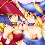  2girls apple_magician_girl bare_shoulders blonde_hair blue_hair blush breasts choker cleavage dark_magician_girl detached_sleeves duel_monster elbow_gloves gloves hat large_breasts long_hair multiple_girls pentacle red_eyes smile usoutsuki wings wizard_hat yu-gi-oh! 