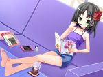  100kcal 1girl barefoot black_hair blush cellphone choker couch feet green_eyes hair_ribbon legs_crossed looking_at_viewer magazine pocky short_hair sitting soda soles table toes 