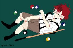  1boy billiards black_legwear child closed_eyes diabolik_lovers full_body kiri_(qoo) male_focus redhead sakamaki_ayato socks solo suspenders twitter_username younger 