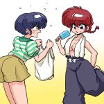  2girls angry ass blue_eyes blue_hair blush braid breasts cleavage eye_contact eyeshadow genderswap gradient_background ice_cream leaning_forward makeup multiple_girls no_bra open_mouth popsicle ranma-chan ranma_1/2 redhead saotome_ranma short_hair shorts simple_background single_braid standing_on_one_leg striped sweat tendou_akane thighs towel wantan-orz yellow_background 