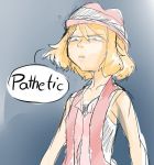  1girl artist_request blonde_hair blue_eyes collarbone disgust english furrowed_eyebrows glaring hair_between_eyes hat pokemon red red_shirt ribbon serena_(pokemon) shirt simple_background sketch skirt solo speech_bubble 