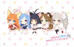  5girls :3 absurdres ahoge animal_ears black_hair black_legwear blue_eyes blue_hair brown_eyes brown_hair buruma byulzzimon cat_ears chibi curly_hair drill_hair elin_(tera) green_eyes grin gym_uniform highres kneehighs lion_ears long_hair multiple_girls official_art one_eye_closed open_mouth rabbit_ears red_eyes ribbon school_swimsuit school_uniform serafuku shirt short_hair skirt smile squirrel_ears sweater_vest swimsuit tail tail_grab tera_online thigh-highs twintails v violet_eyes walking waving white_legwear white_school_swimsuit white_swimsuit 