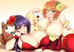  2girls bare_shoulders blue_hair blush breasts breasts_outside green_eyes huge_breasts long_hair looking_at_viewer lying moo multiple_girls on_side orange_hair parted_lips red_eyes short_hair smile 