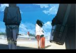  1girl aircraft airplane bag black_hair blue_sky clouds coat day denim from_behind full_body handbag highres inami_hatoko jeans jet legs_together long_hair long_sleeves luggage no_socks original outdoors pants rolling_suitcase sailor_collar scenery shirt skirt sky standing suitcase white_shirt white_skirt wind wind_lift 