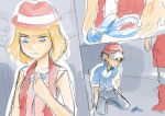  1boy 1girl artist_request black_hair blonde_hair blue_bow blue_eyes boots bow collarbone comic disgust eyes furrowed_eyebrows glaring hat kneeling looking_at_another pokemon red red_shirt red_skirt ribbon satoshi_(pokemon) serena_(pokemon) shirt sketch skirt wide-eyed 