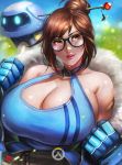  1girl adapted_costume bandaid bare_shoulders black-framed_eyewear blue_gloves breasts brown_eyes brown_hair cleavage cleavage_cutout criss-cross_halter freckles fur_coat fur_collar fur_trim glasses gloves halter_top halterneck hot huge_breasts lips lipstick looking_at_viewer makeup mei_(overwatch) overwatch parted_lips robot smile snowball_(overwatch) soffa solo sweat undressing upper_body 