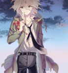  1boy belt dangan_ronpa hood hoodie jacket komaeda_nagito male_focus necktie shirakino sky solo super_dangan_ronpa_2 white_hair 