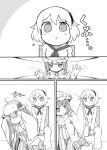  2girls :t alice_margatroid chair comic crescent crescent_hair_ornament dress glasses greyscale hair_ornament hairband hat highres jitome long_hair mob_cap monochrome multiple_girls patchouli_knowledge short_hair sitting striped striped_dress sweatdrop touhou yassy 