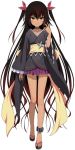  1girl anklet bare_legs black_hair blush dark_skin japanese_clothes jewelry long_hair long_sleeves looking_at_viewer master_nemesis sandals sketch smile solo to_love-ru to_love-ru_darkness to_love-ru_idol_revolution twintails wide_sleeves 