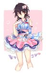  1girl bare_legs bare_shoulders black_hair blush closed_mouth detached_sleeves ensemble_stars! flower frills genderswap hair_flower hair_ornament half-closed_eyes half_gloves hand_on_own_chest japanese_clothes looking_to_the_side obi pink_background red_eyes sakuma_rei_(ensemble_stars!) simple_background skirt smile solo star takakura_aki traditional_clothes tsurime wa_lolita white_background 