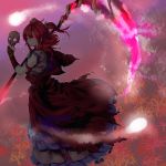  1girl absurdres armband dress flower glowing glowing_eyes hair_bobbles hair_ornament highres holding looking_at_viewer looking_back mappe_(778exceed) onozuka_komachi red_eyes red_flower redhead scythe shinigami skull smile solo spider_lily torn_clothes torn_dress touhou 