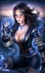 1girl blue_eyes boots breasts choker cleavage fur gloves lightning lips madeleineink necklace pants shirt solo star the_witcher yennefer 